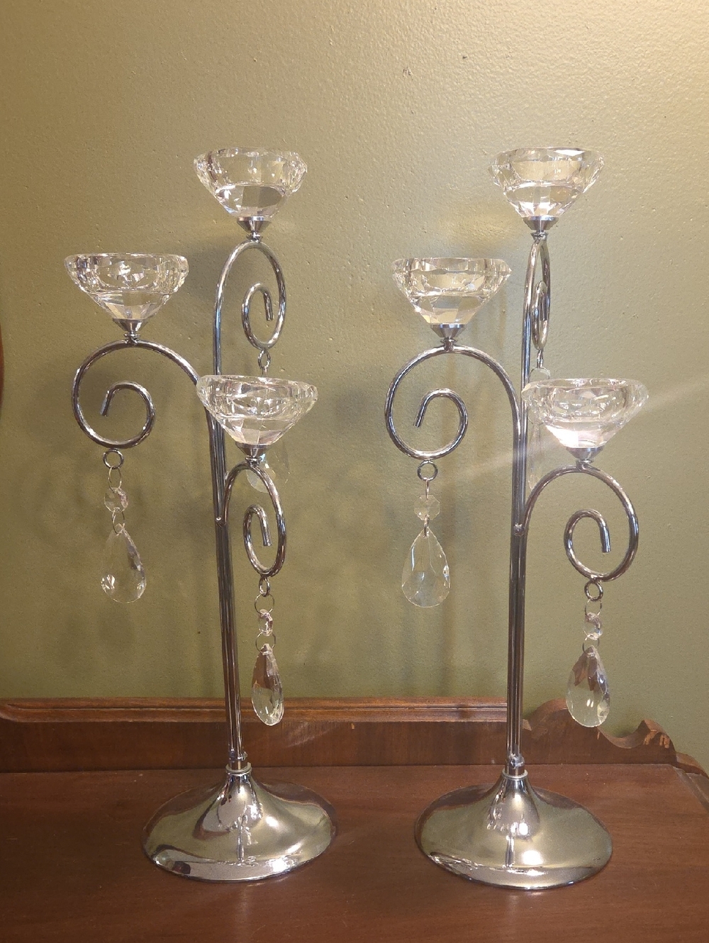 Crystal & Silver Scroll Five-Arm Candle Holder Pair